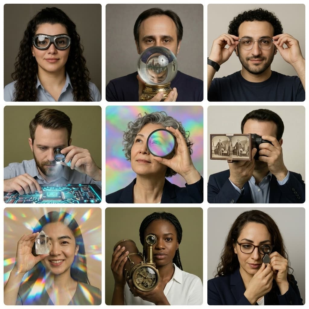 Nine perspectives on seeing: people with lenses, optics, and creative tools — many lenses, one studio.