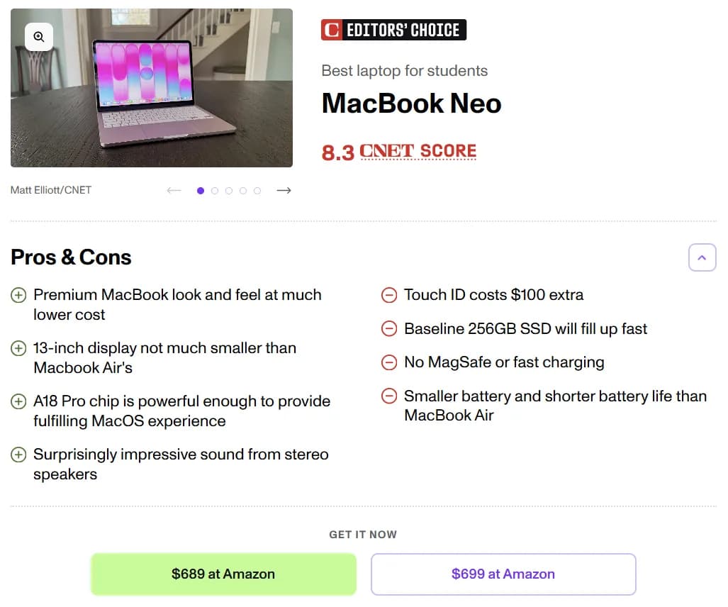 A CNET review pick with its score, pros and cons, and buy buttons