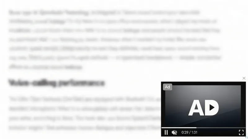 An article page with its video player showing a pre-roll ad