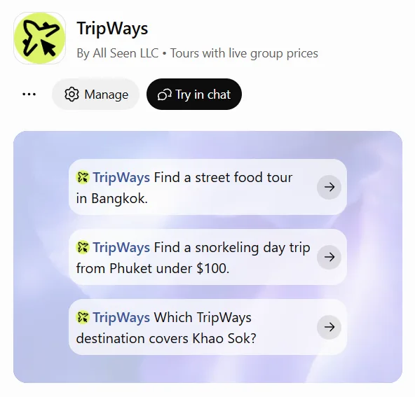 Claude finding a TripWays tour and quoting a live price
